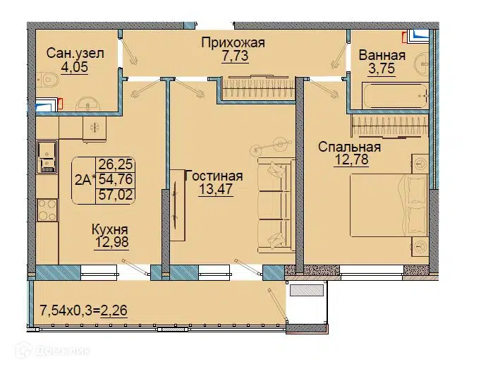 Планировка: 2-комн. квартира 57.02 м² в новостройке Репин-Парк