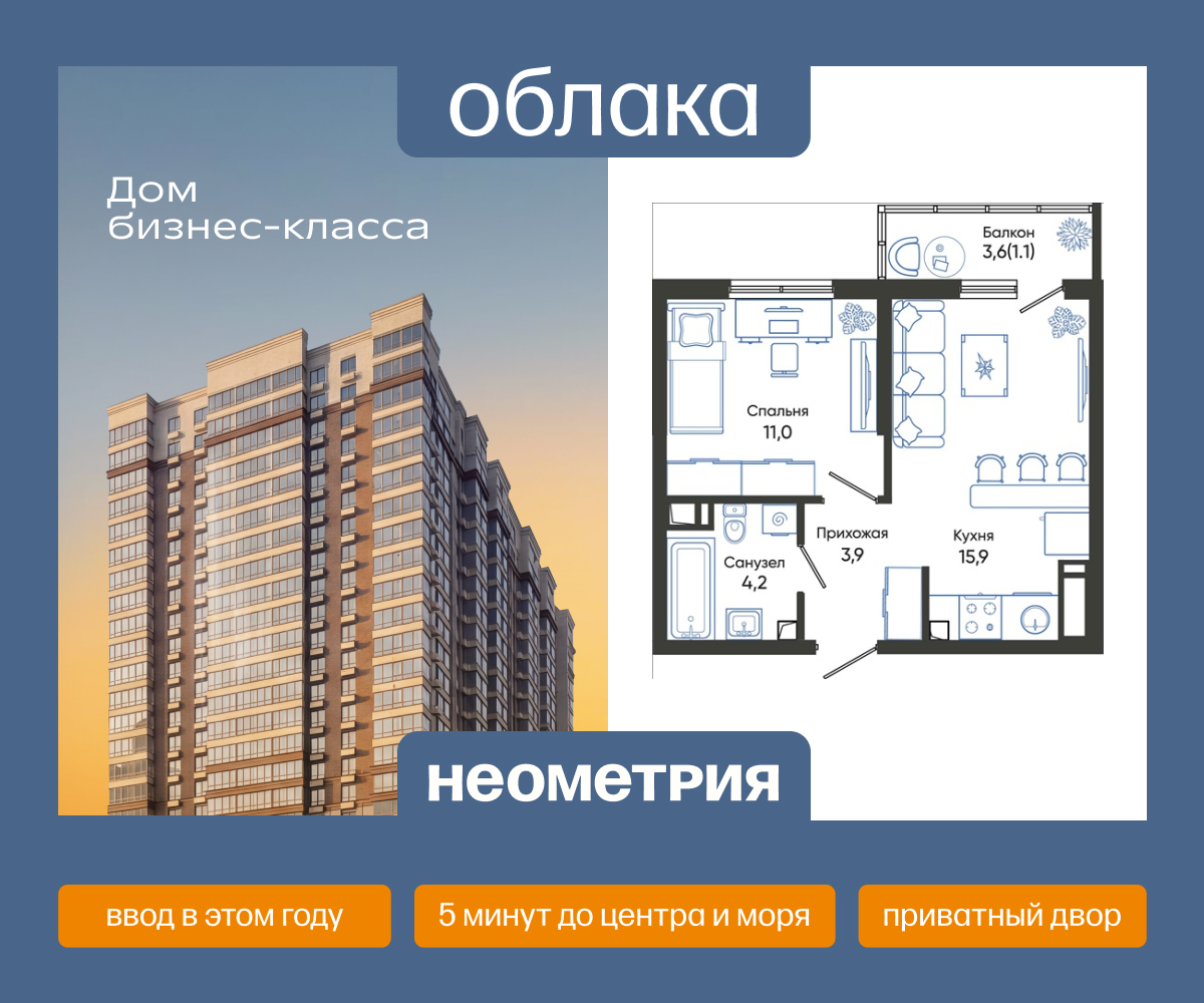 Планировка: 1-комн. квартира 36.10 м² в новостройке Облака
