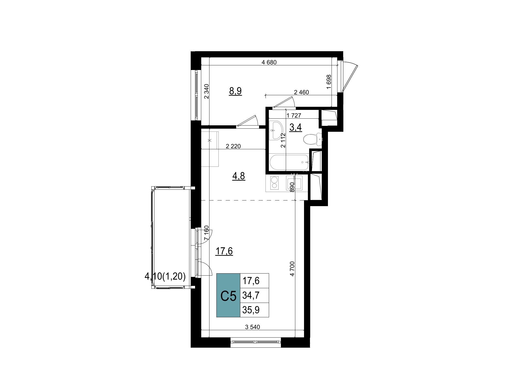 Планировка: Студия 35.90 м² в новостройке ЖК Одинцово сити