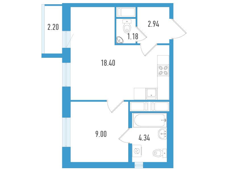Планировка: 1-комн. квартира 36.52 м² в новостройке ЖК Южный форт
