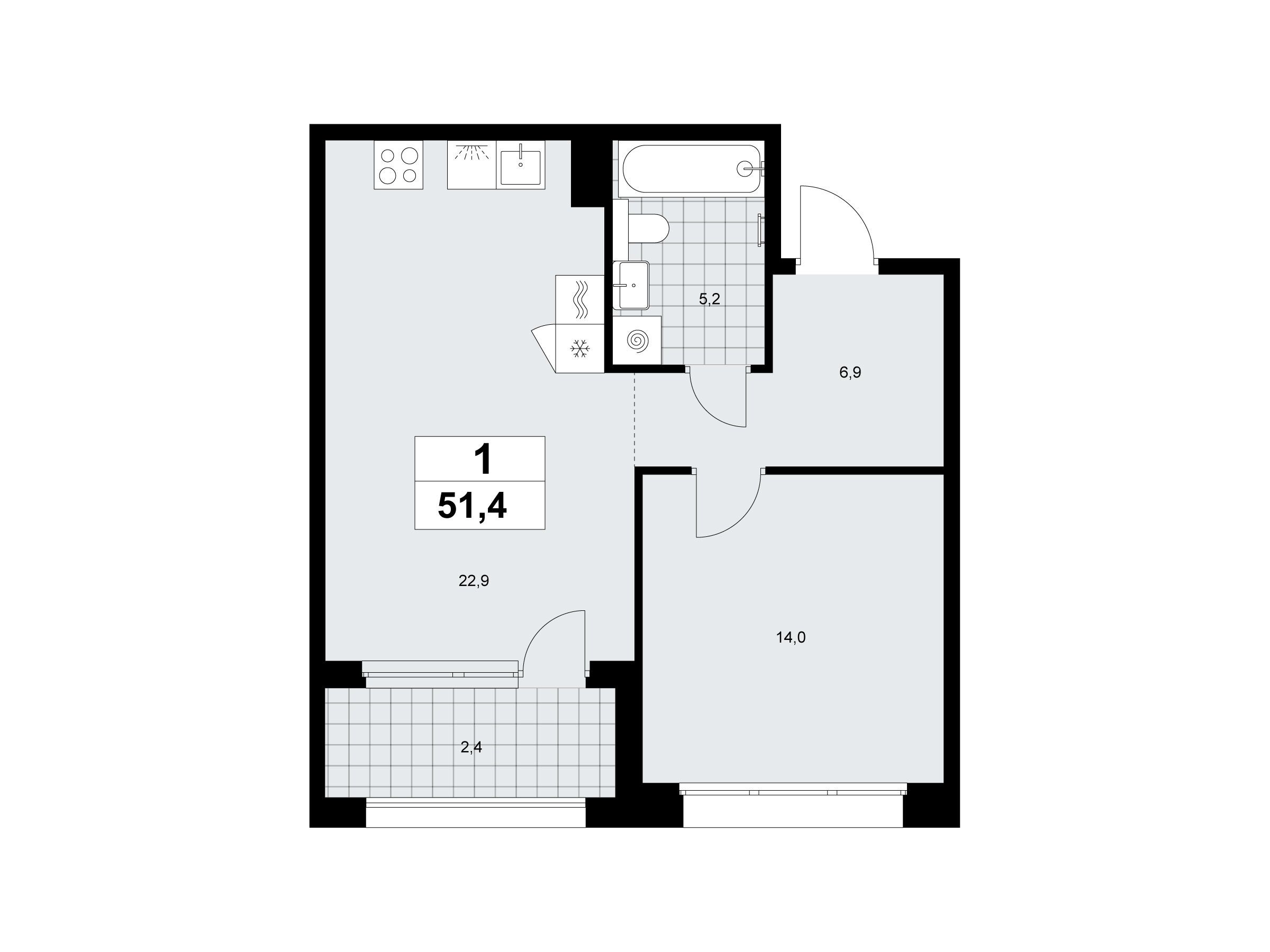 Планировка: 1-комн. квартира 51.40 м² в новостройке Хольм