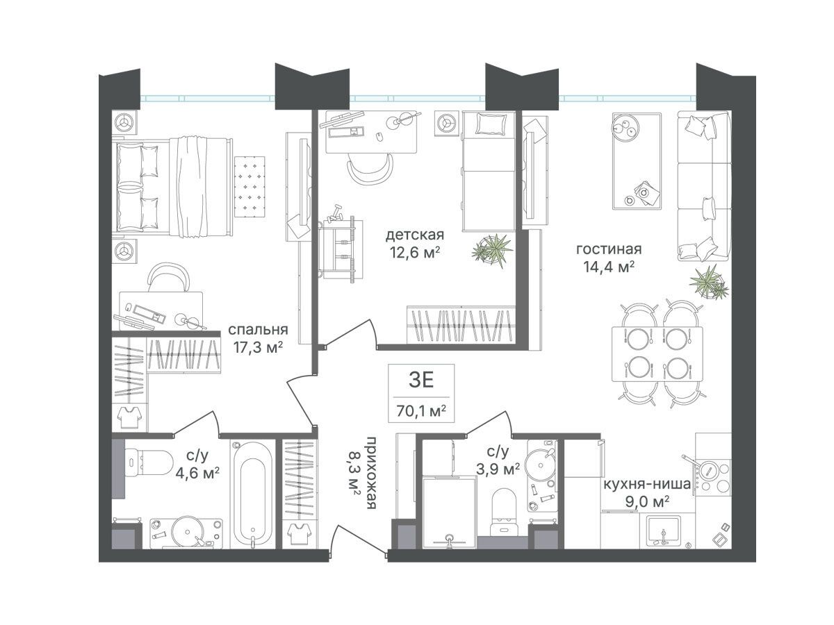 Планировка: 2-комн. квартира 70.10 м² в новостройке Петровский парк II