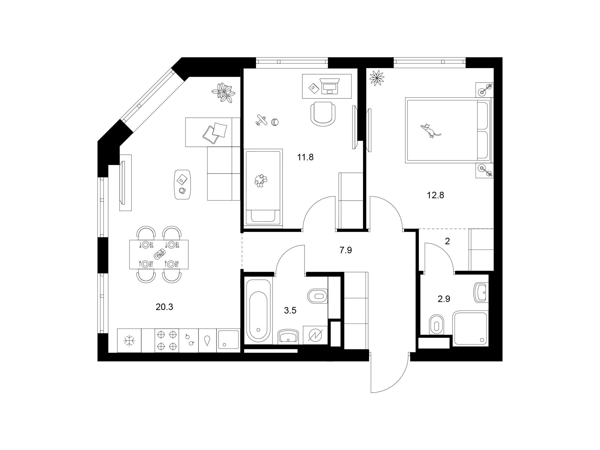 Планировка: 2-комн. квартира 61.20 м² в новостройке Руставели 14