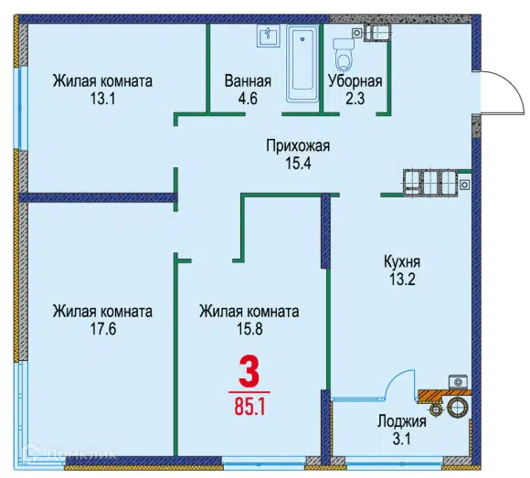 Планировка: 3-комн. квартира 85.10 м² в новостройке Красный Металлист