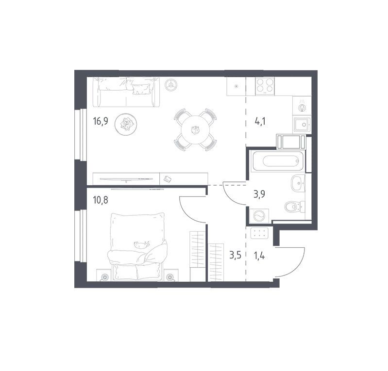 Планировка: 1-комн. квартира 39.80 м² в новостройке Мытищи Парк