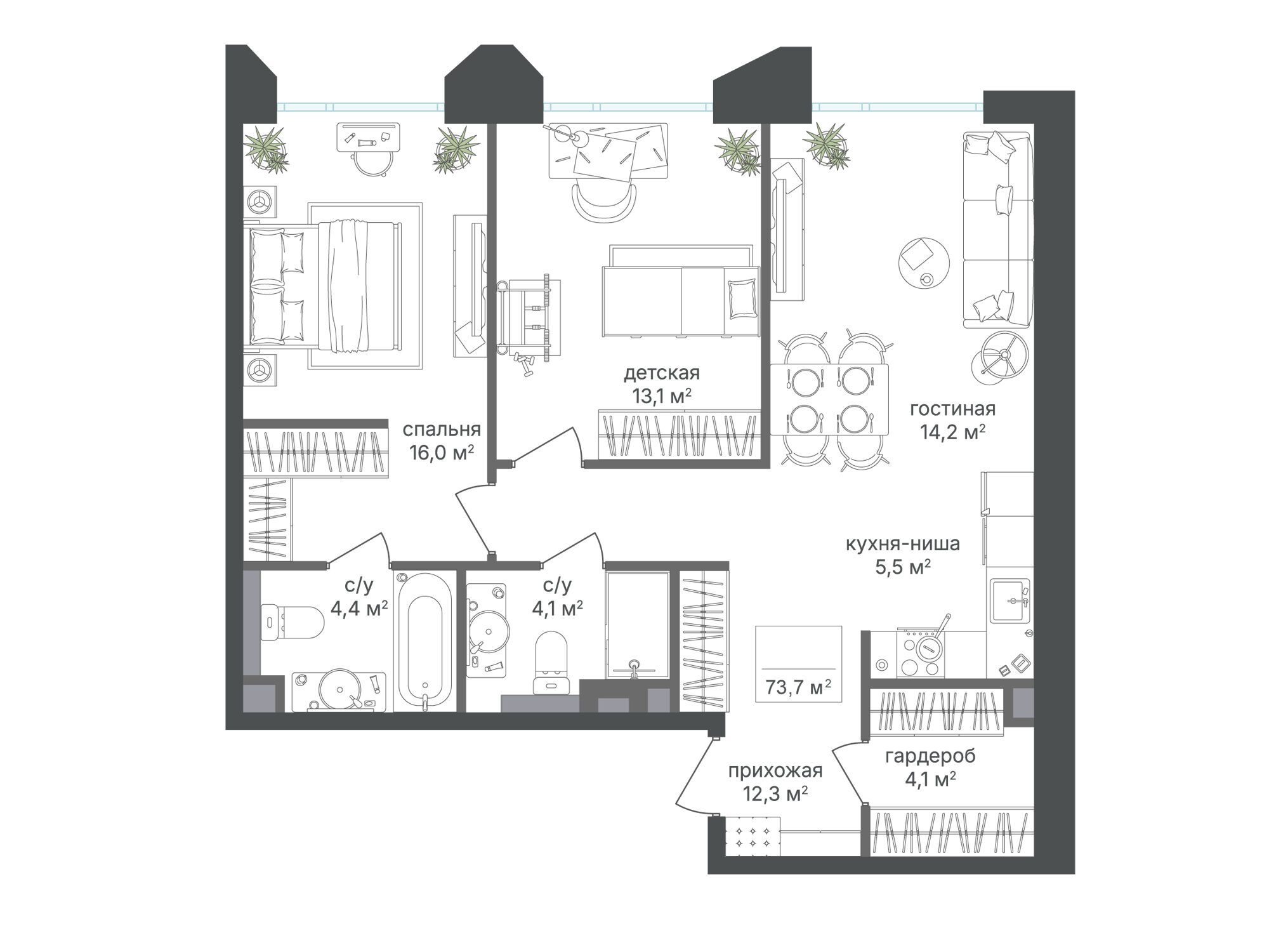 Планировка: 2-комн. квартира 73.70 м² в новостройке ЖК Петровский парк II
