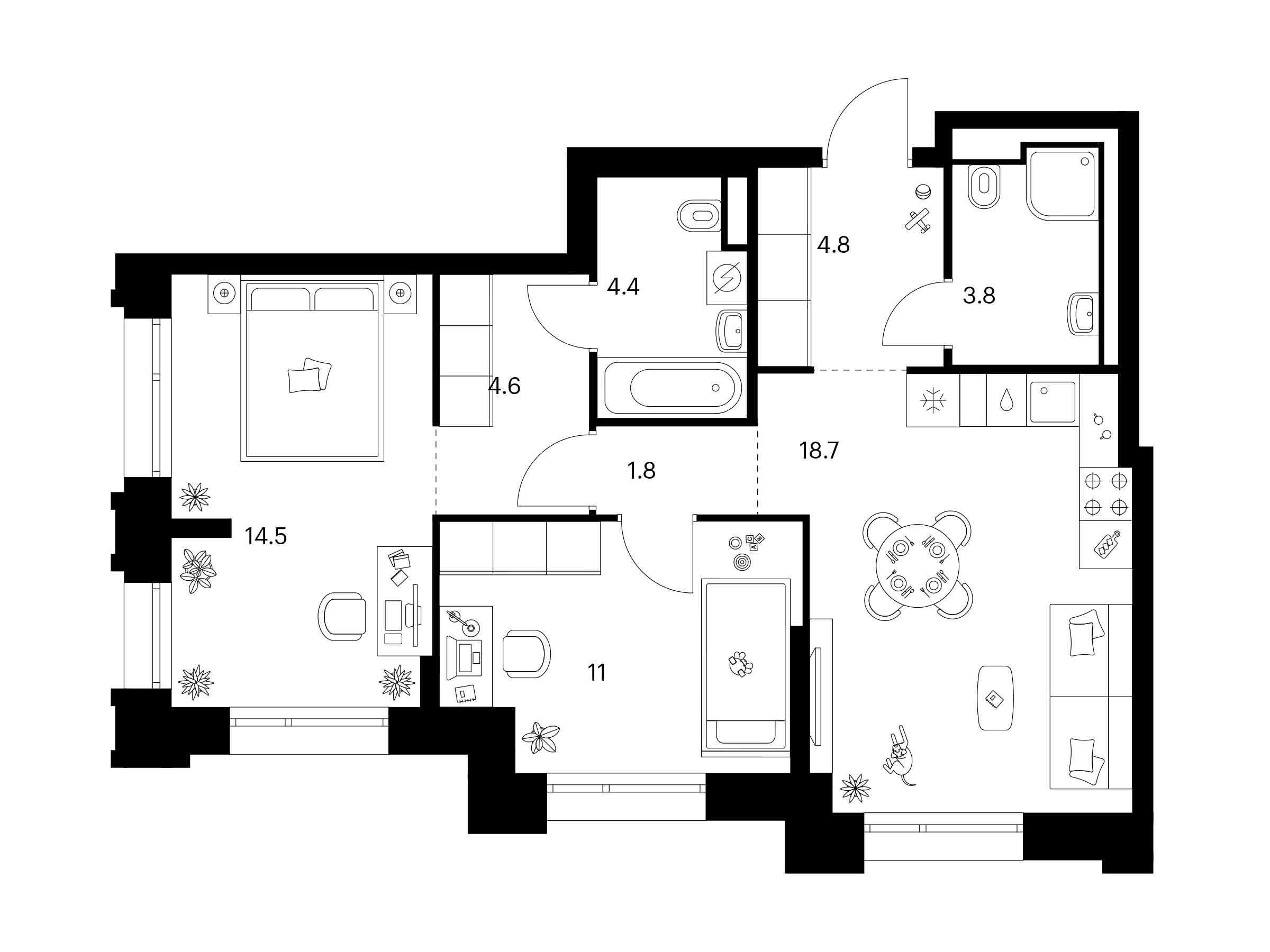 Планировка: 2-комн. квартира 63.60 м² в новостройке Середневский лес