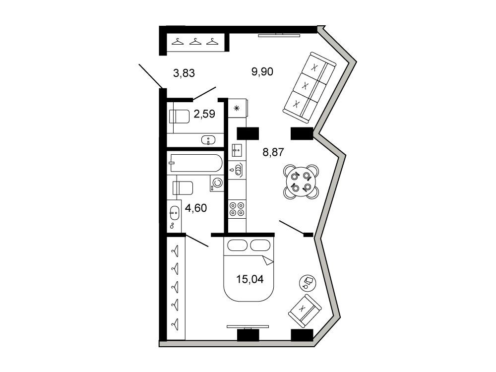 Планировка: 2-комн. квартира 44.83 м² в новостройке Клубный дом Новая, 11