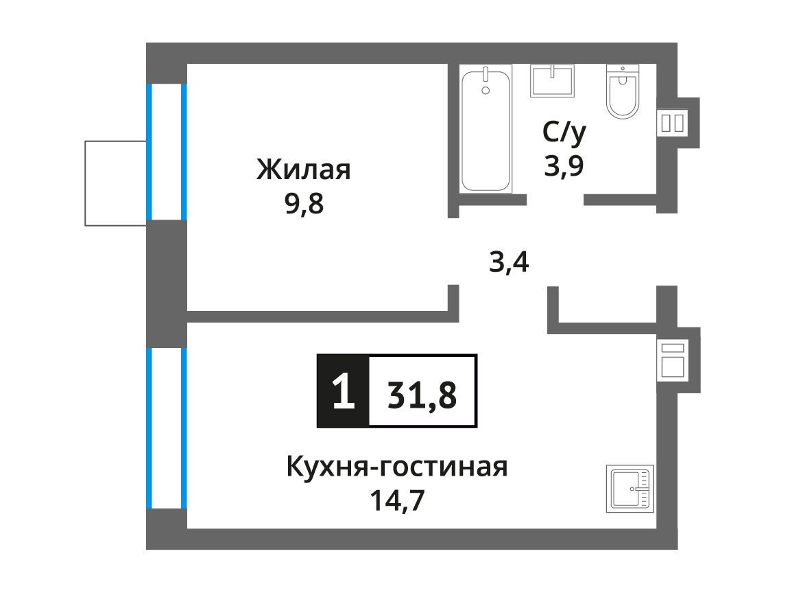 Планировка: 1-комн. квартира 31.80 м² в новостройке Никольский квартал Отрада