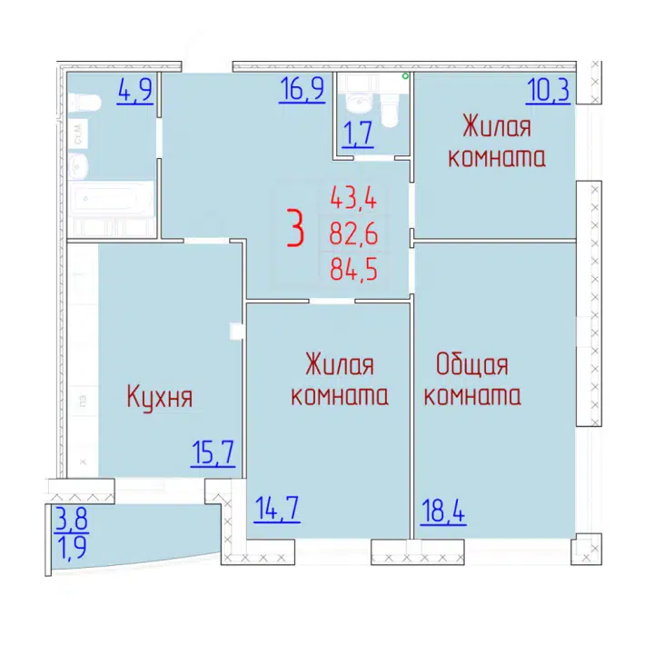 Планировка: 3-комн. квартира 84.50 м² в новостройке Дом на Плеханова
