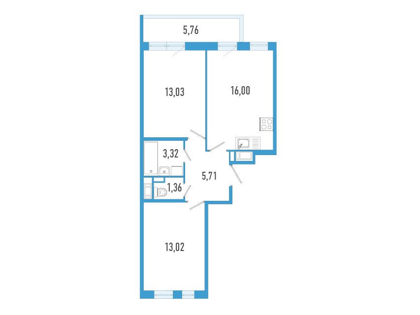 Планировка: 2-комн. квартира 54.17 м² в новостройке Аэросити