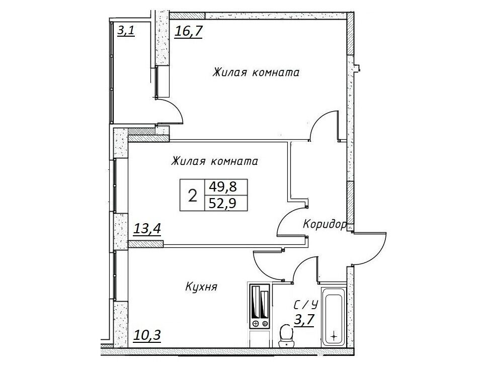 Планировка: 2-комн. квартира 52.90 м² в новостройке Шоколад