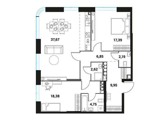 Планировка: 3-комн. квартира 99.80 м² в новостройке Инноватор