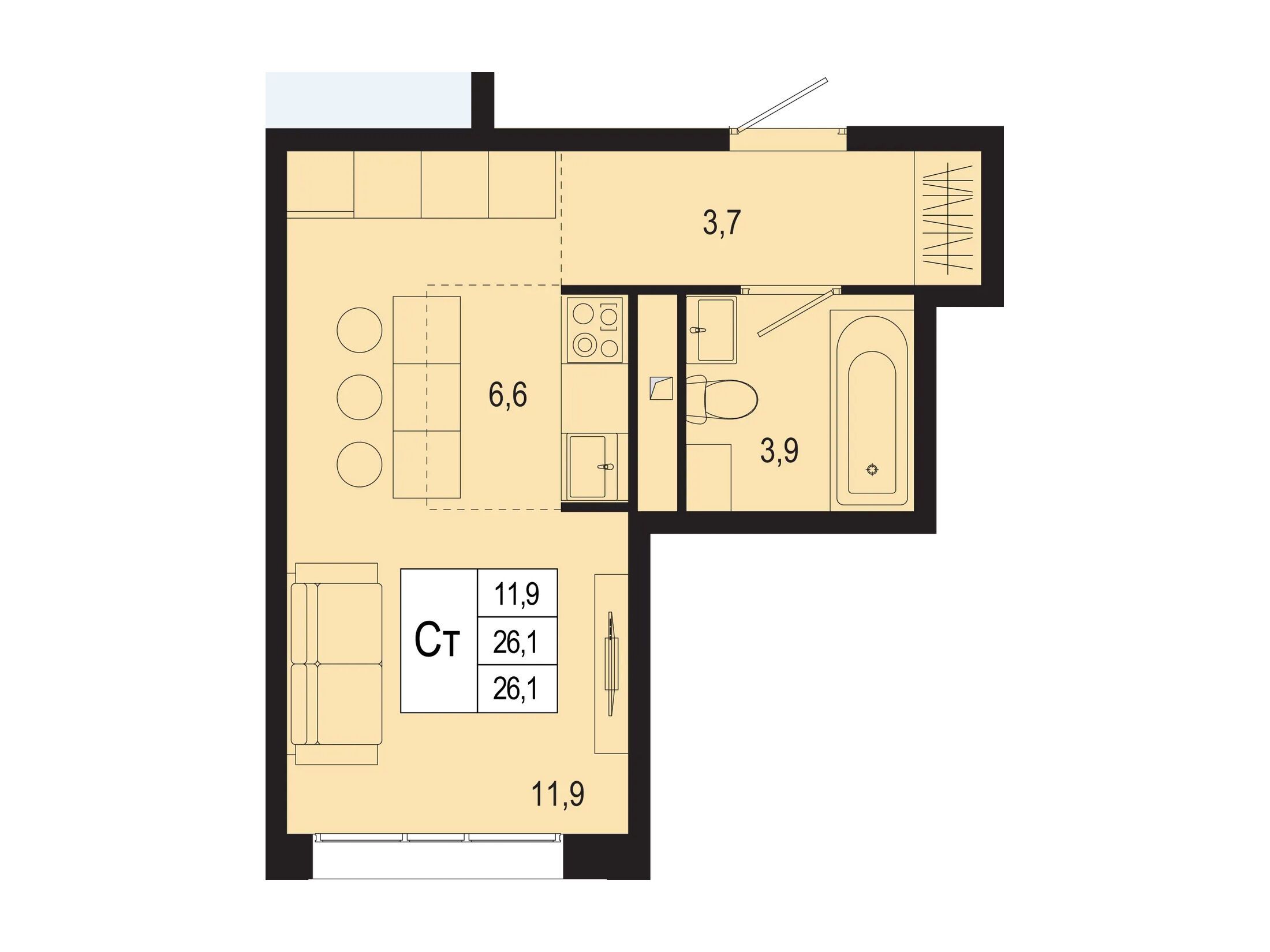 Планировка: Студия 26.10 м² в новостройке ЖК Новая Щербинка
