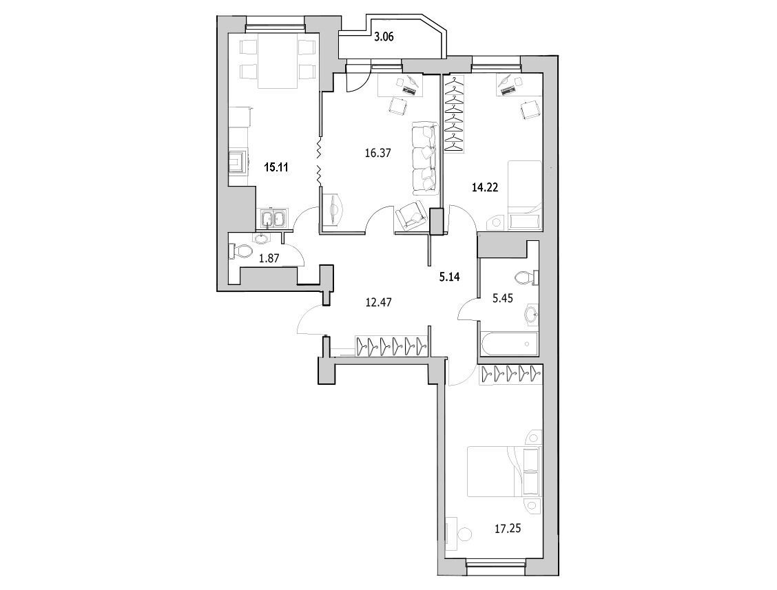 Планировка: 3-комн. квартира 90.70 м² в новостройке ЖК Байрон
