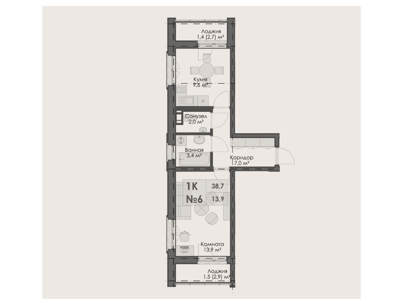 Планировка: 1-комн. квартира 38.70 м² в новостройке На Большом Смоленском