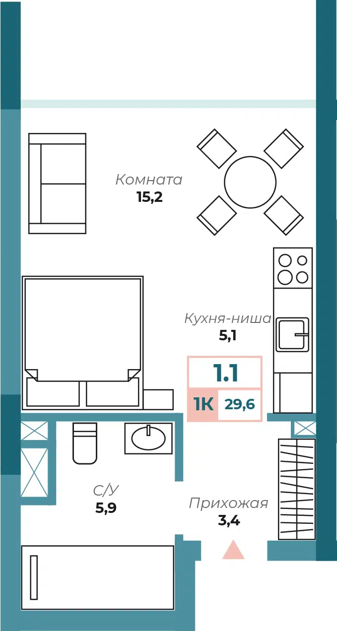 Планировка: 1-комн. квартира 29.90 м² в новостройке Аура