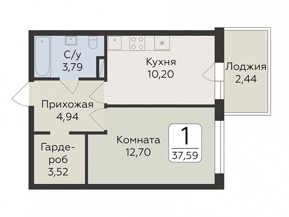 Планировка: 1-комн. квартира 37.59 м² в новостройке Панорама Юкки