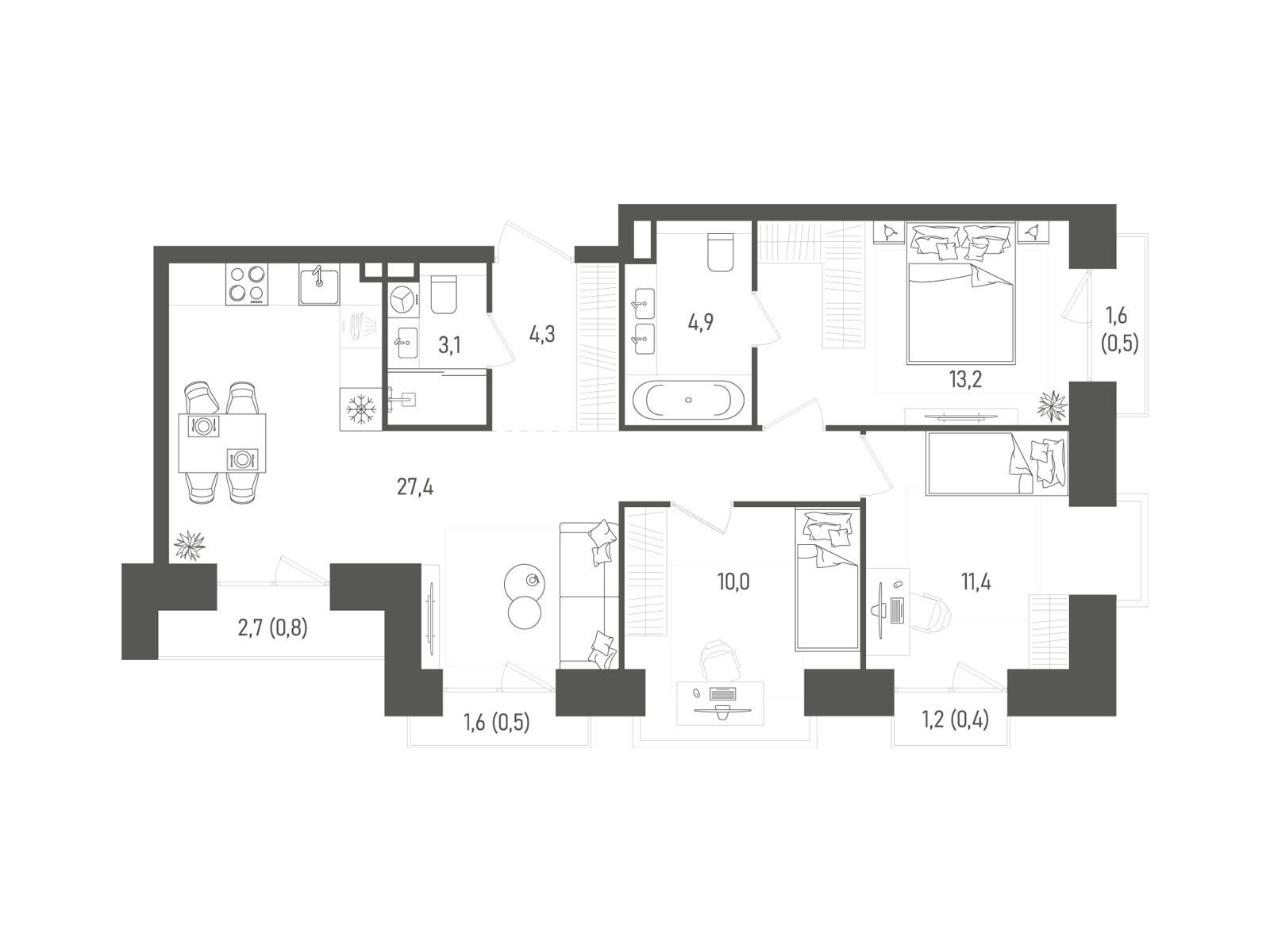 Планировка: 3-комн. квартира 76.50 м² в новостройке Татум