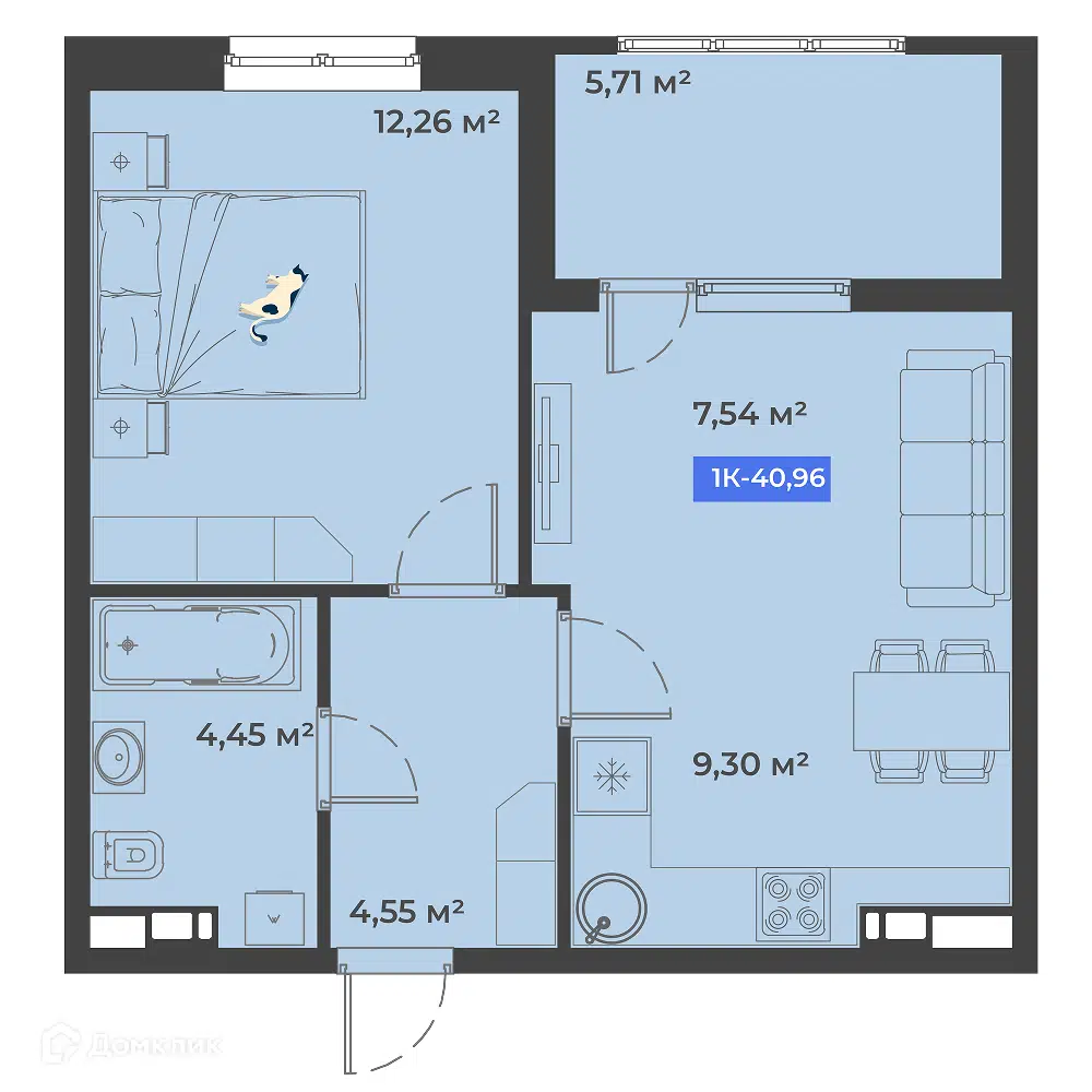 Планировка: 1-комн. квартира 40.96 м² в новостройке Соловей