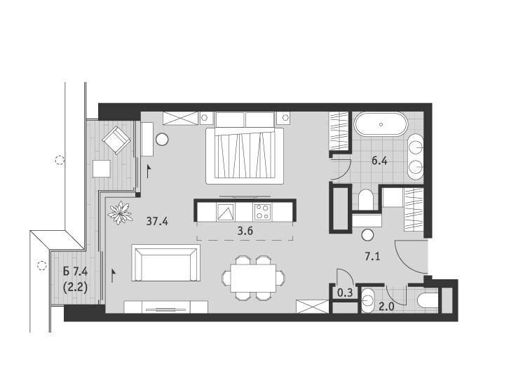 Планировка: 1-комн. квартира 59.00 м² в новостройке Бадаевский