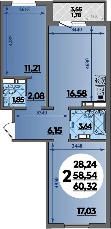 Планировка: 2-комн. квартира 60.32 м² в новостройке Южная долина