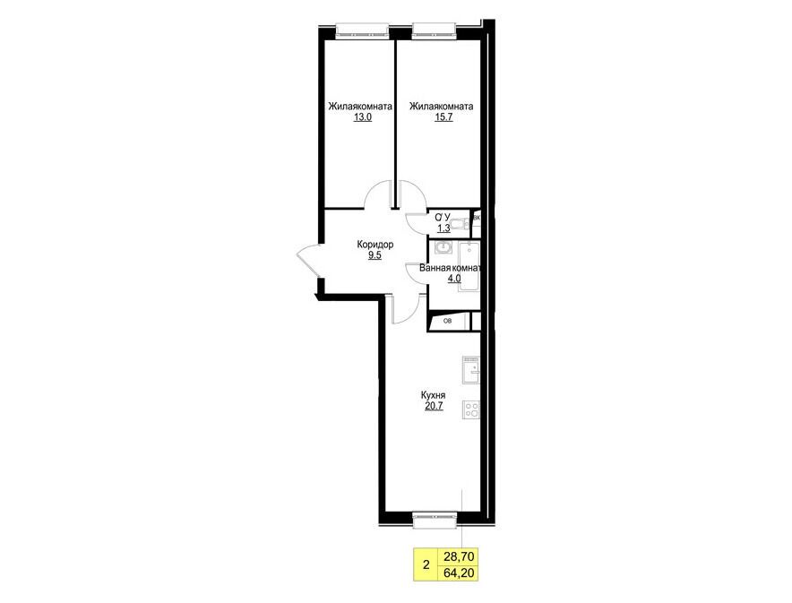 Планировка: 2-комн. квартира 64.20 м² в новостройке Корица