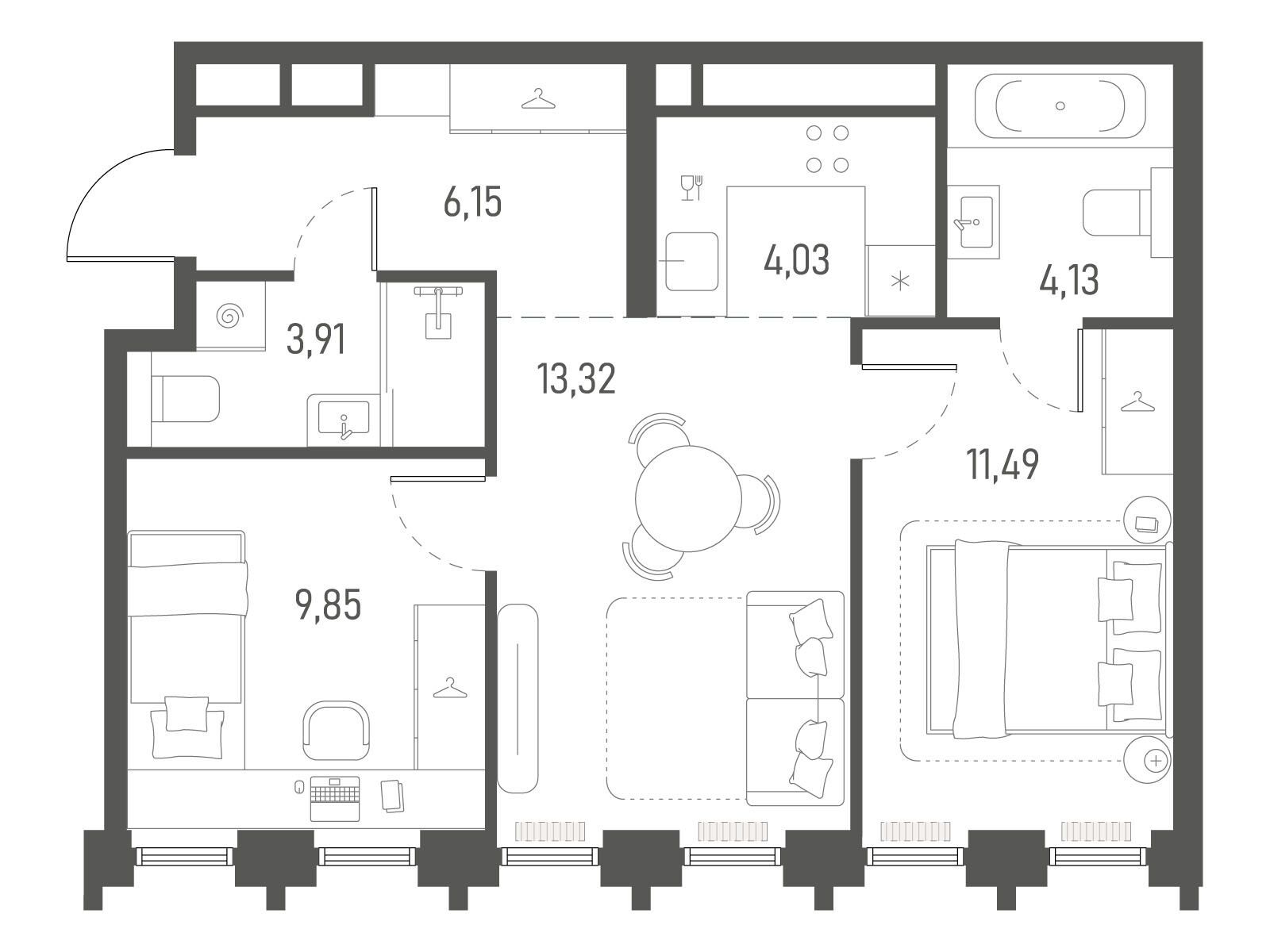 Планировка: 2-комн. квартира 52.88 м² в новостройке Индиво