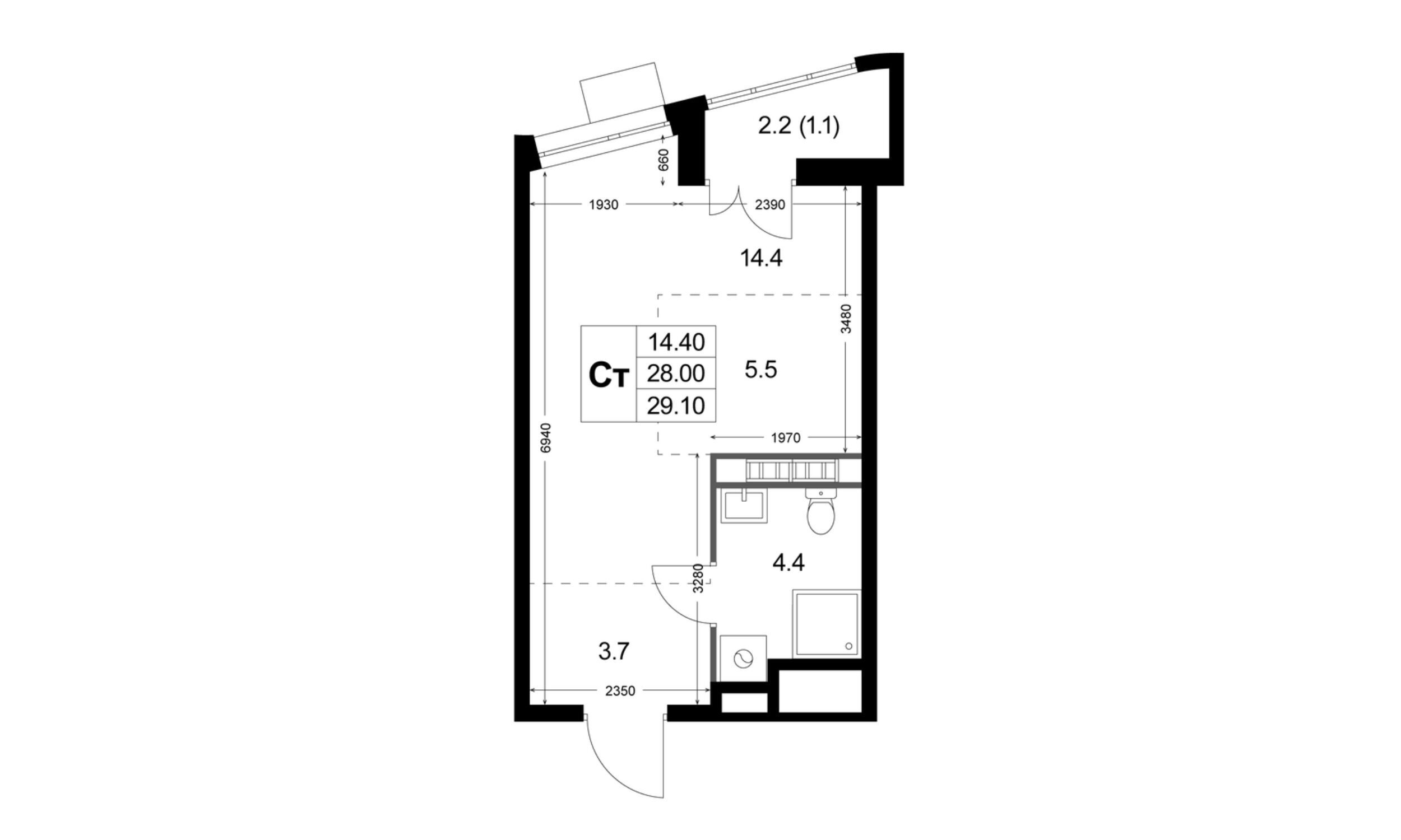 Планировка: Студия 28.00 м² в новостройке ЖК Легенда Коренёво