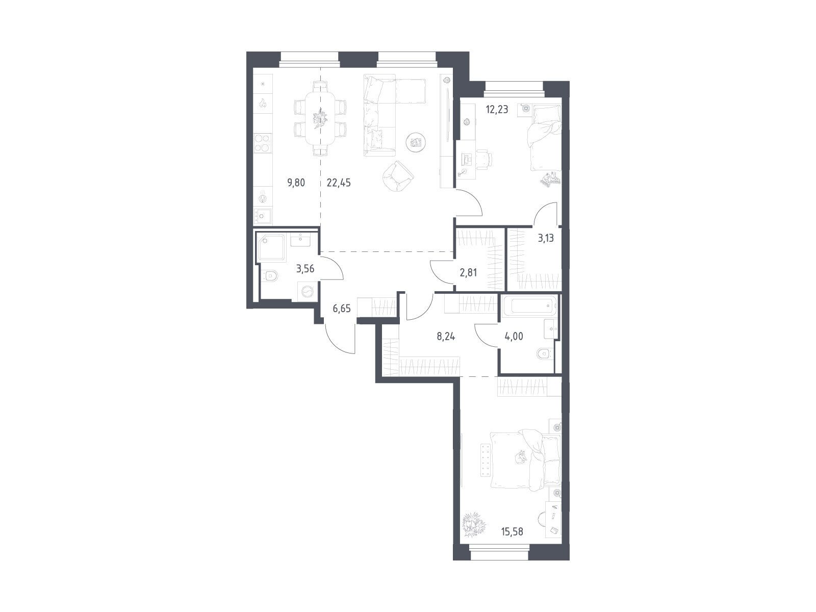 Планировка: 2-комн. квартира 88.45 м² в новостройке Заречье Парк