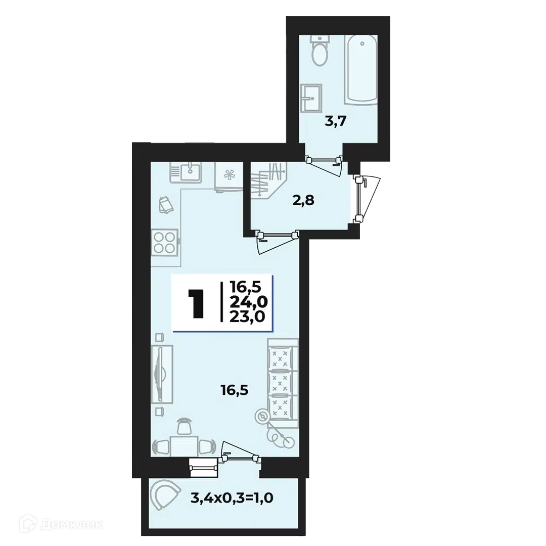 Планировка: Студия 24.00 м² в новостройке Дарград