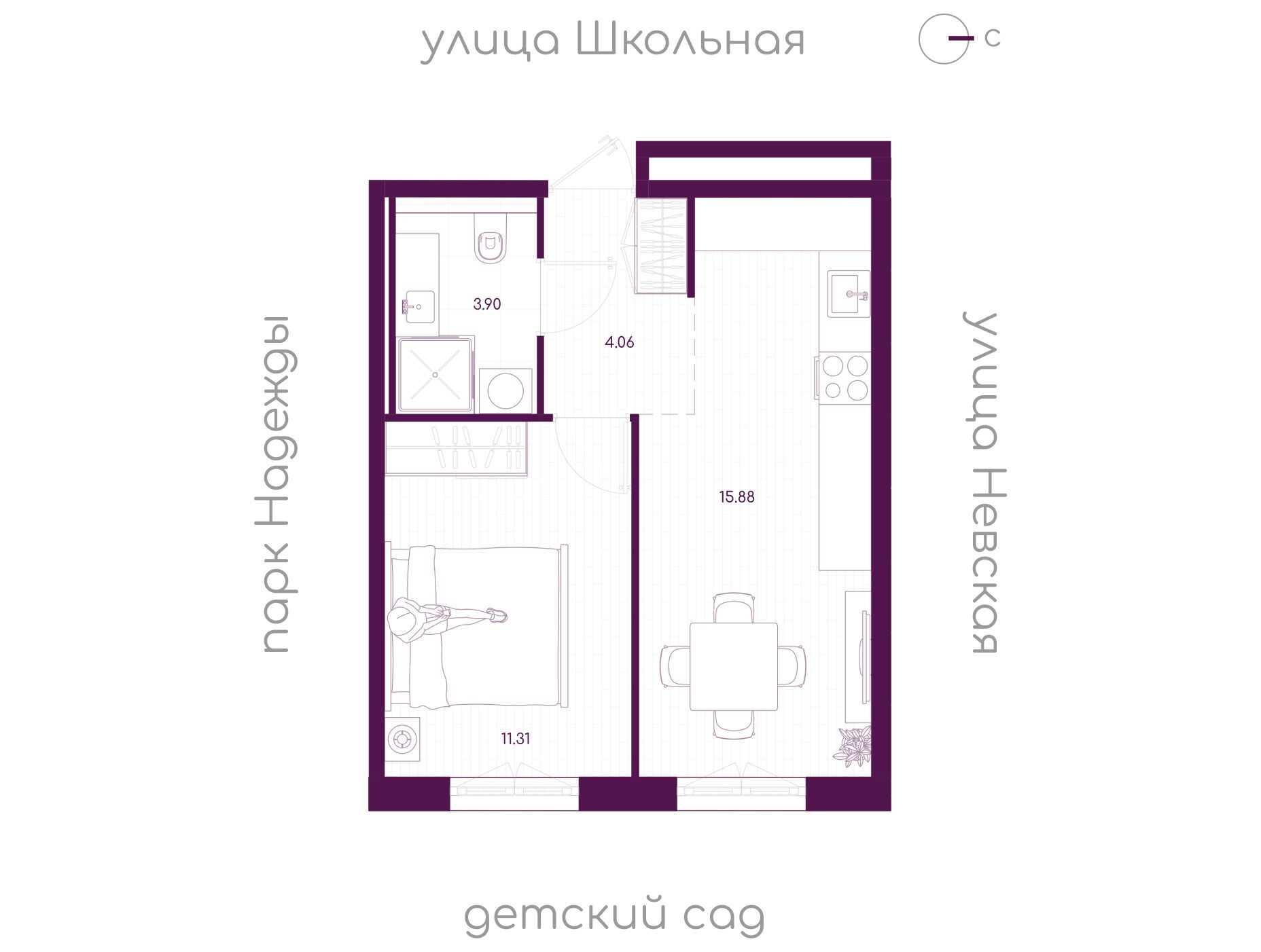 Планировка: 1-комн. квартира 35.15 м² в новостройке Дубровка.Парк