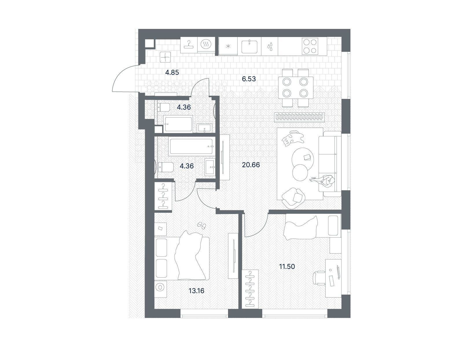 Планировка: 2-комн. квартира 65.42 м² в новостройке Тейт