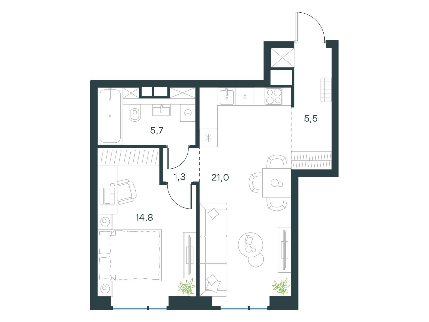 Планировка: 1-комн. квартира 48.30 м² в новостройке Левел Войковская