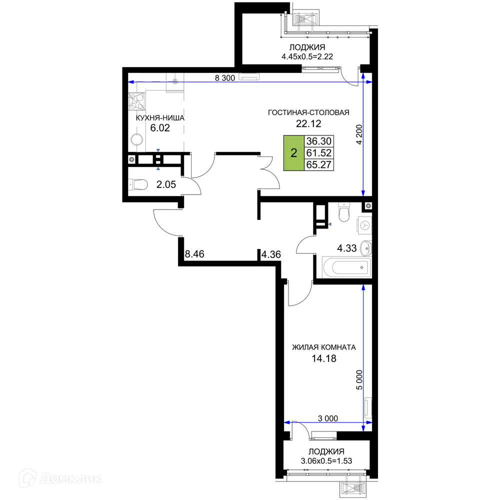 Планировка: 2-комн. квартира 65.27 м² в новостройке Фонтаны