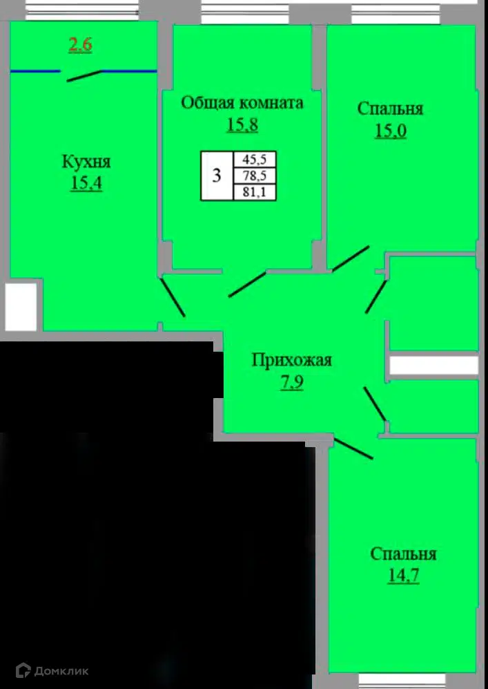 Планировка: 3-комн. квартира 81.10 м² в новостройке Аквамарин