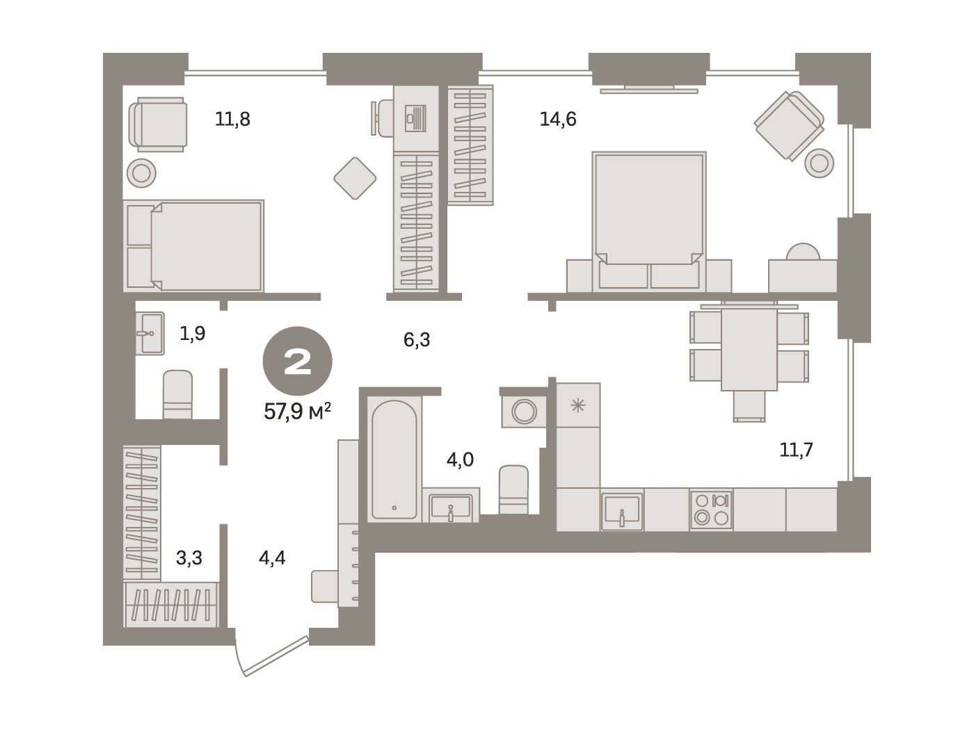 Планировка: 2-комн. квартира 57.90 м² в новостройке Квартал Герцена
