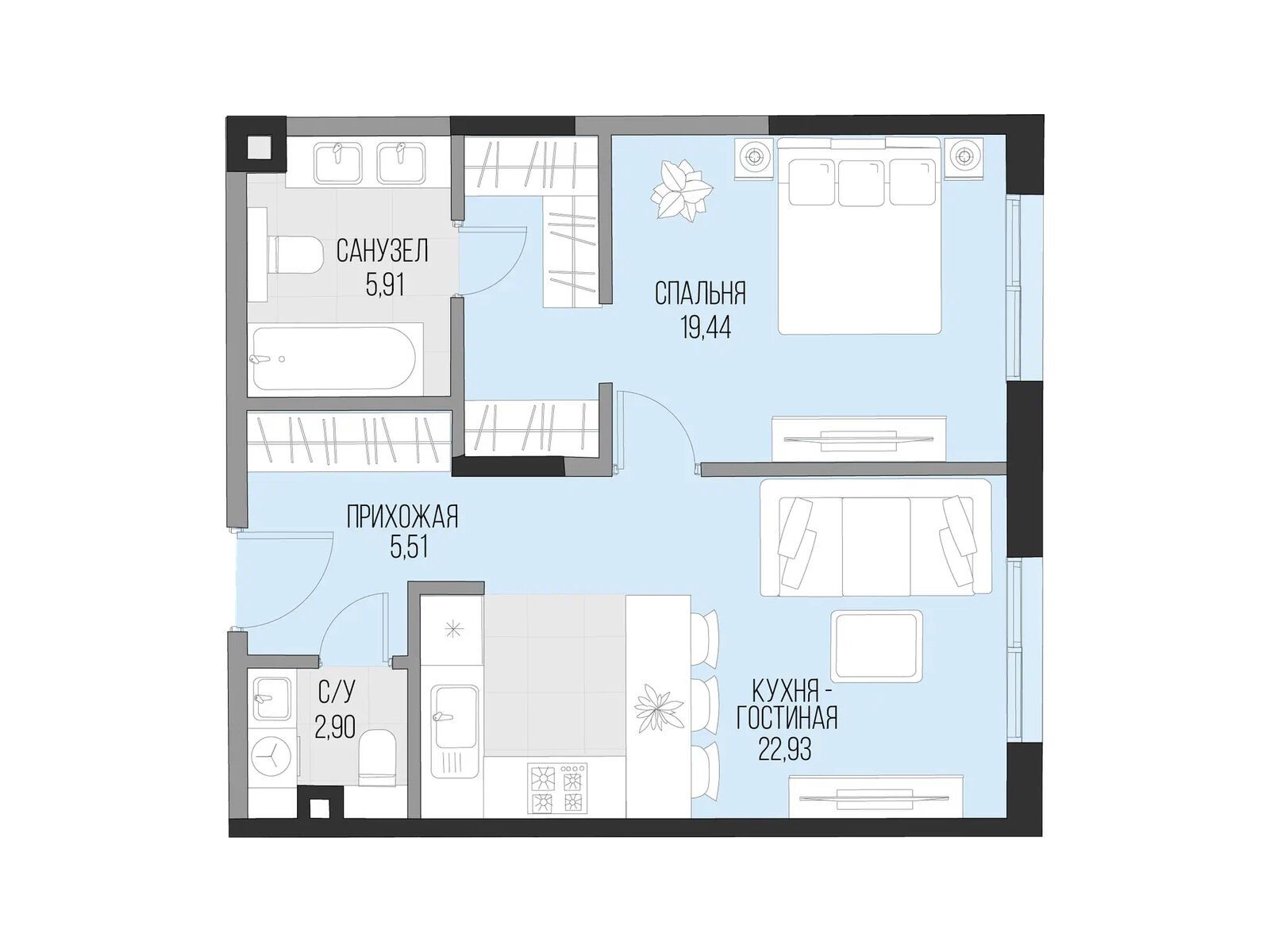 Планировка: 1-комн. квартира 57.06 м² в новостройке Садовническая 69