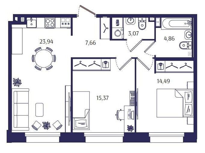 Планировка: 2-комн. квартира 69.39 м² в новостройке Ранта Резиденс