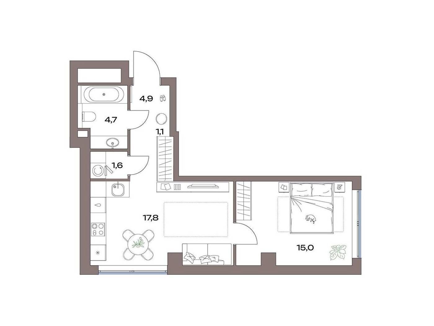 Планировка: 1-комн. квартира 44.90 м² в новостройке Акценты