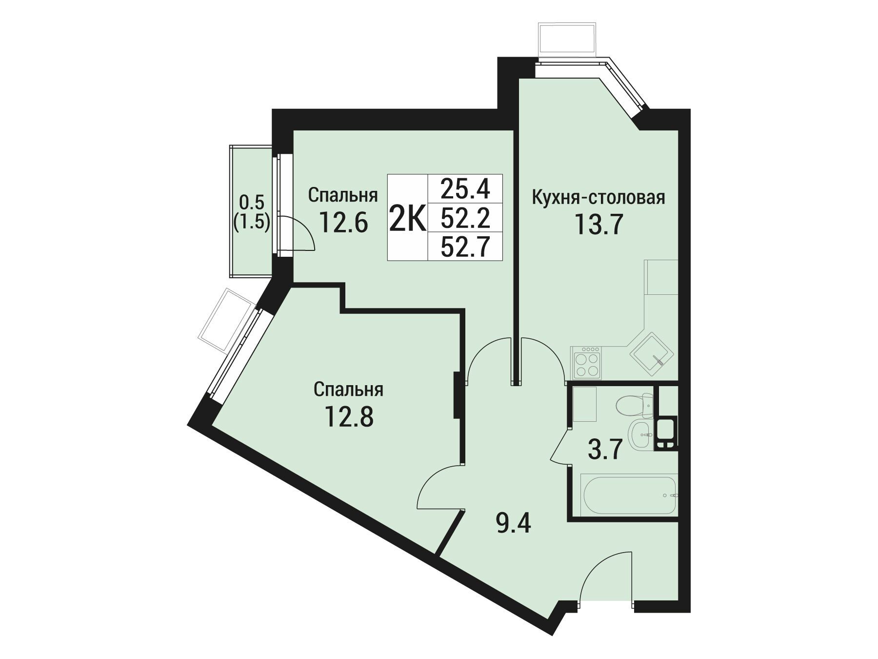 Планировка: 2-комн. квартира 52.70 м² в новостройке Дом в Малаховке