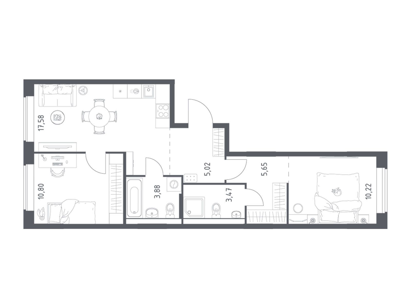 Планировка: 2-комн. квартира 56.62 м² в новостройке Большое Юрлово