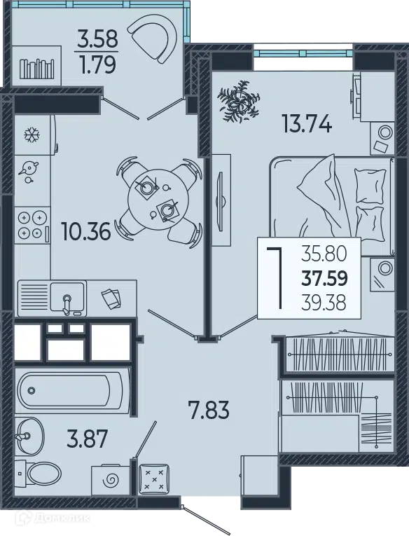 Планировка: 1-комн. квартира 37.60 м² в новостройке Эстет