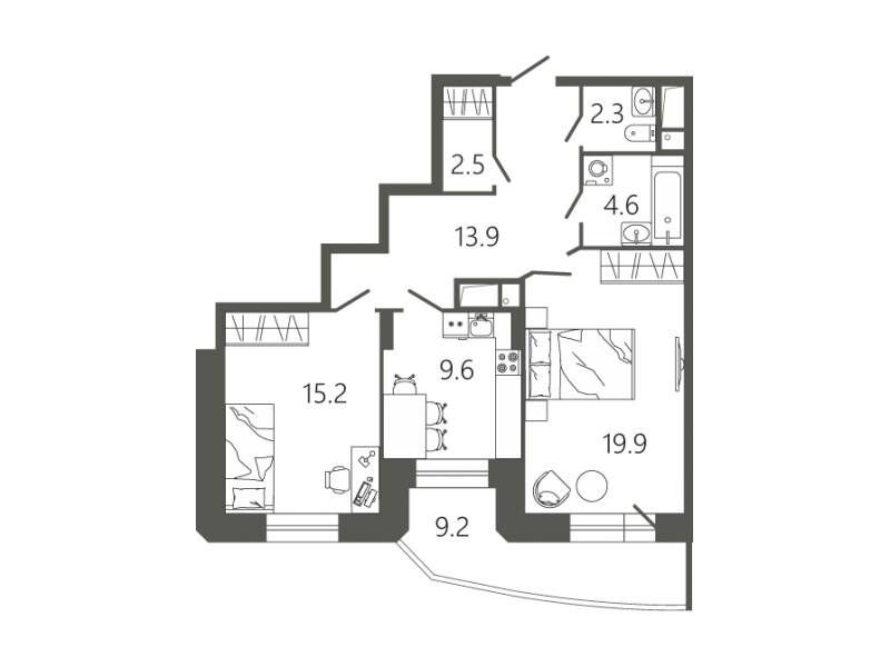 Планировка: 2-комн. квартира 70.80 м² в новостройке Мессиер 18
