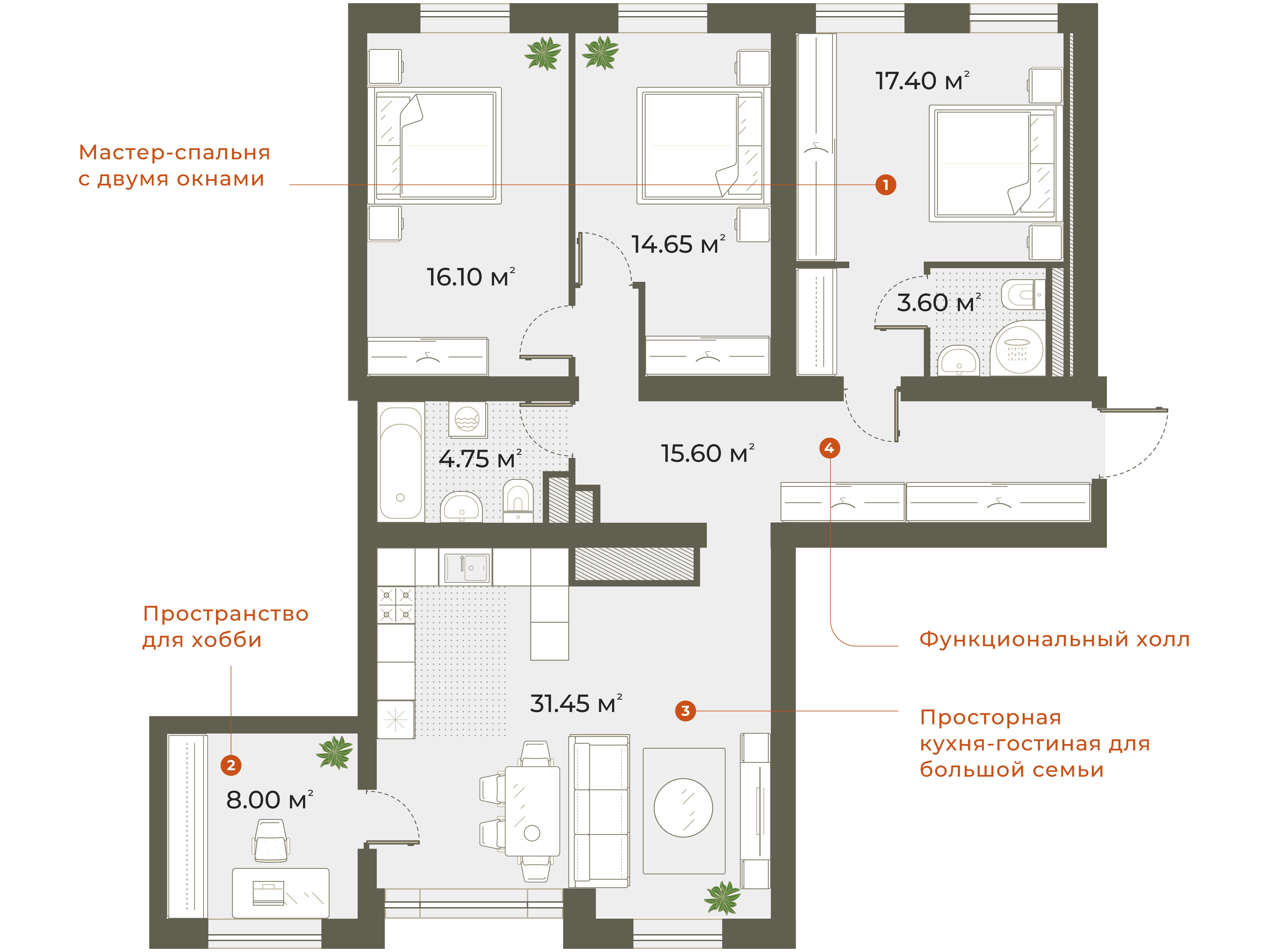 Планировка: 3-комн. квартира 106.70 м² в новостройке Аура