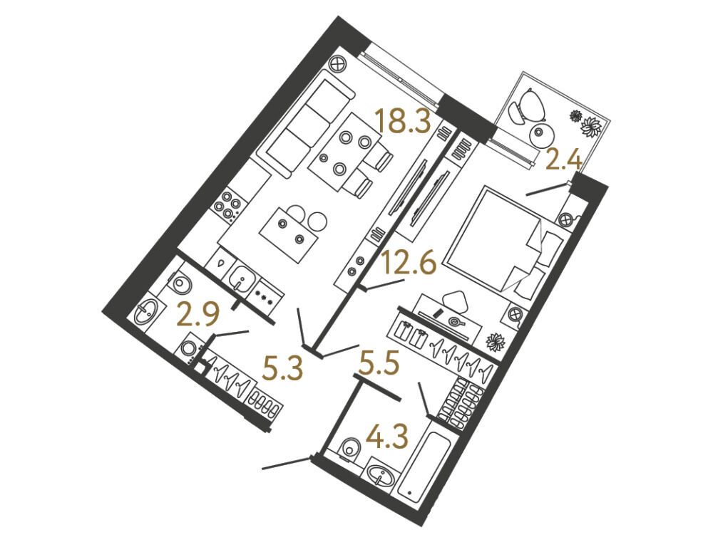 Планировка: 1-комн. квартира 48.90 м² в новостройке Цвет Зеленогорска