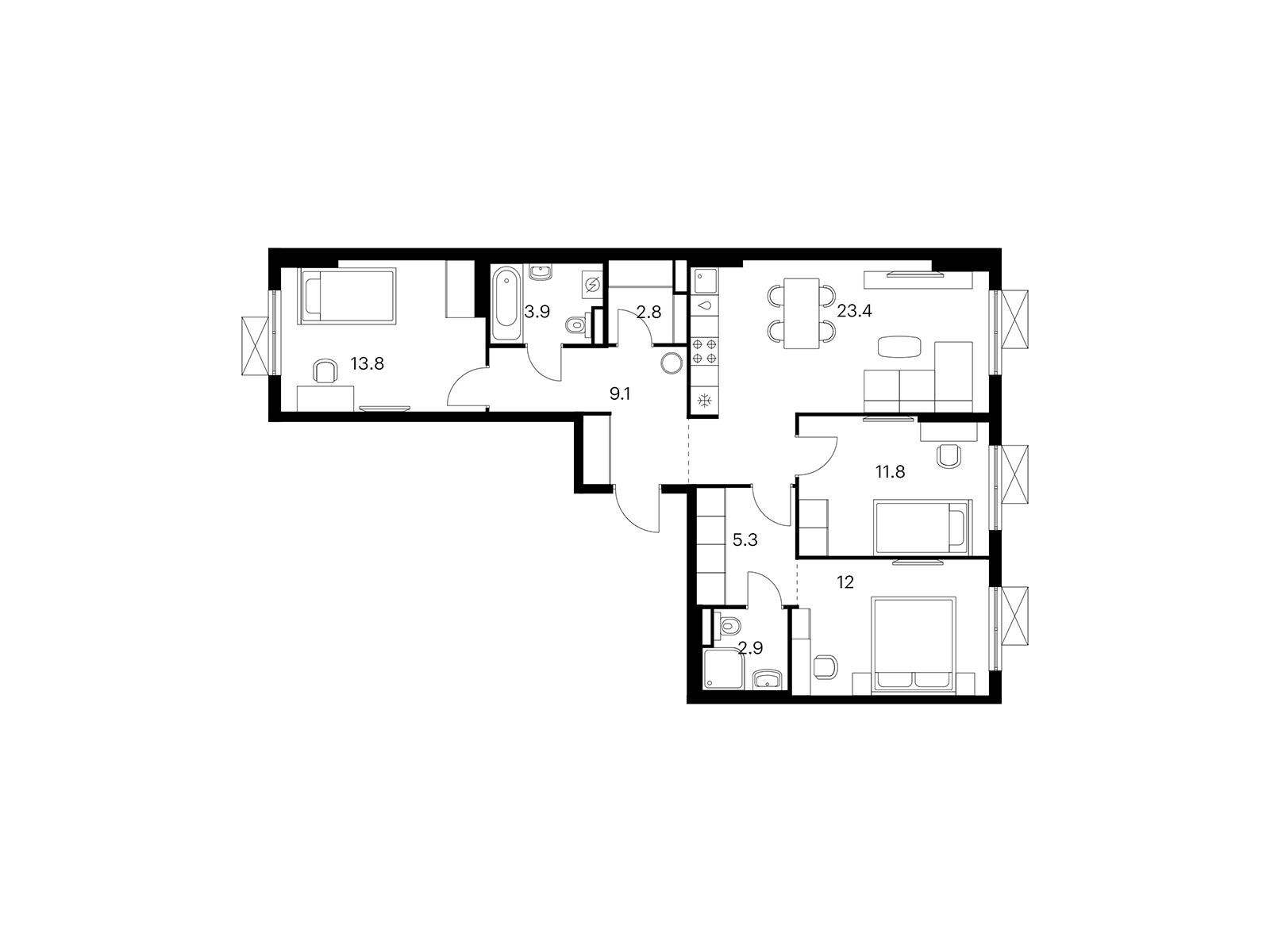 Планировка: 3-комн. квартира 85.00 м² в новостройке Волжский парк