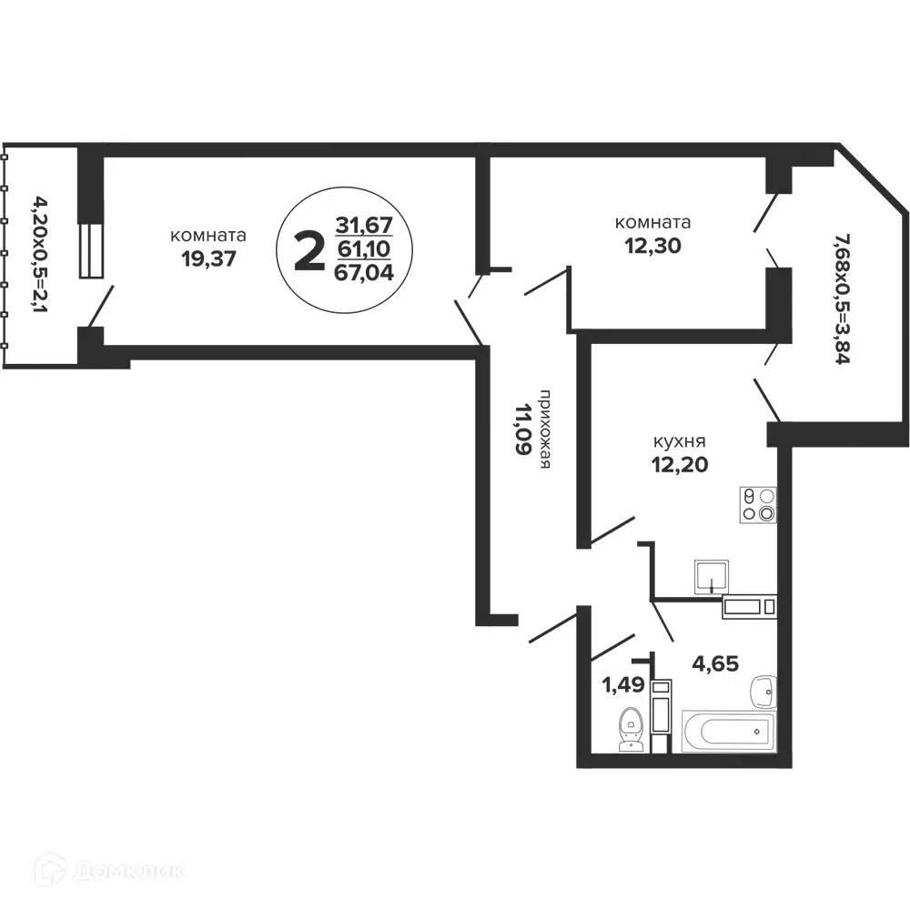 Планировка: 2-комн. квартира 68.00 м² в новостройке Гулливер