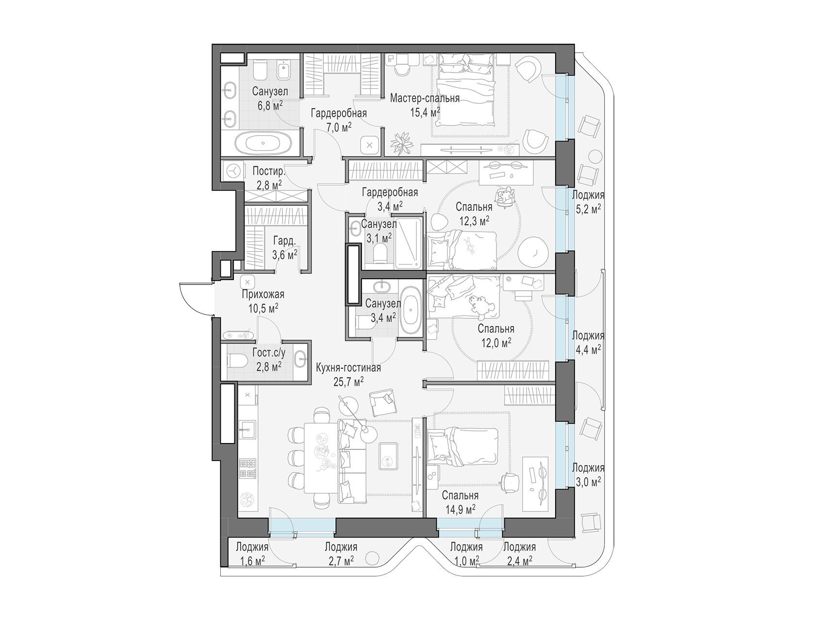 Планировка: 4-комн. квартира 135.20 м² в новостройке Форивер