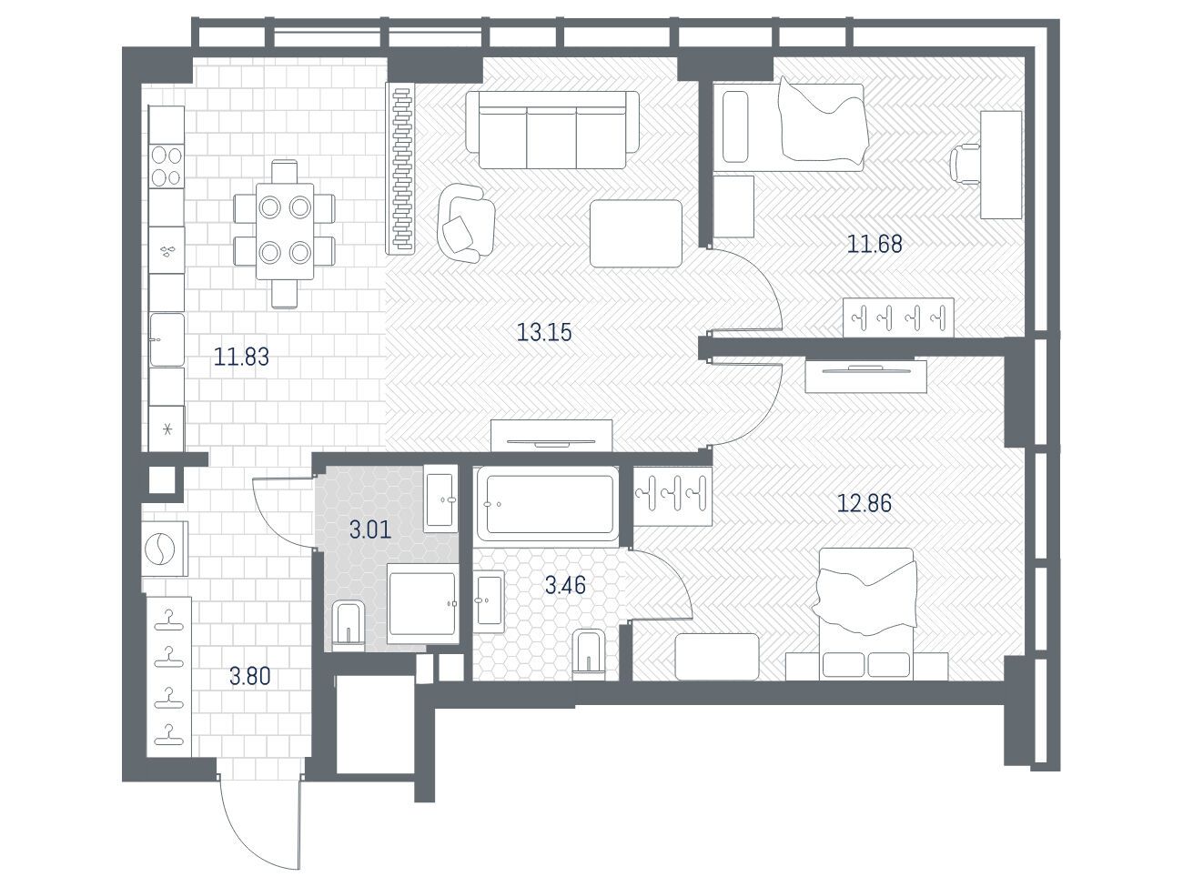 Планировка: 2-комн. квартира 59.79 м² в новостройке ЖК Тейт
